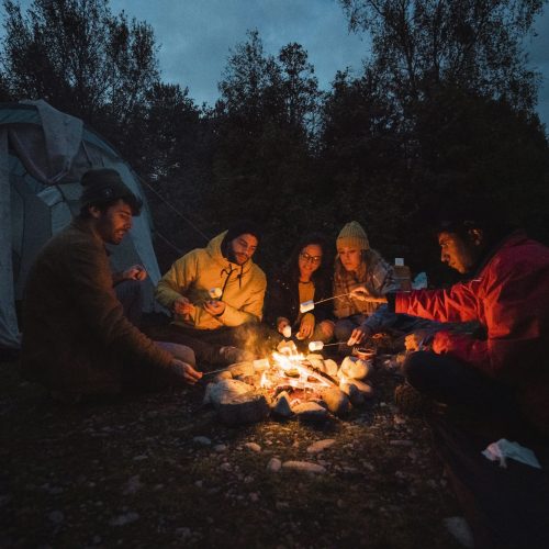 Group of friends sitting at a campfire, roasting marshmallows